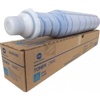 Cyan toner cartridge for Konica Minolta A3VX455, labeled TN-619C, displayed alongside a brown cardboard box with blue text, designed for KM AccurioPress, capable of printing 78K pages.