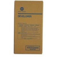 Konica Minolta yellow developer box, rectangular, brown packaging with black text and logo.