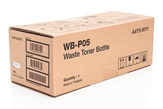 Brown cardboard box labeled "WB-P05 Waste Toner Bottle" with barcode and product details, designed for Konica Minolta printers, capable of handling 36,000 pages.