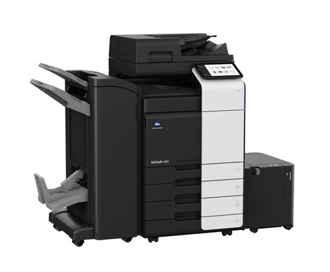 Black and white multifunction printer with a sleek design, featuring a control panel, multiple paper trays, and a scanner on top, suitable for office use.