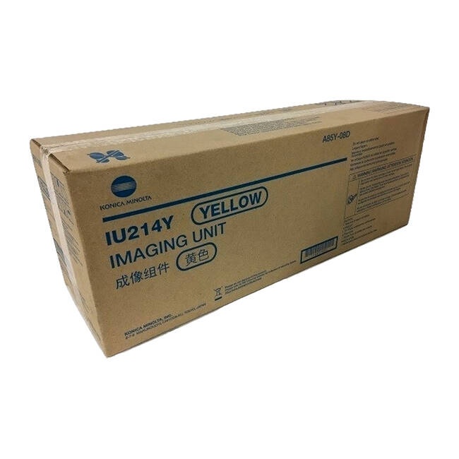 Yellow Konica Minolta IU-214Y drum kit box, labeled for 70K pages, featuring a cardboard material with blue and black text on a tan background.