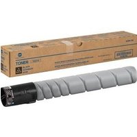 Konica Minolta black toner cartridge, gray spiral design, with brown box packaging for Bizhub C series.