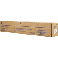 Konica Minolta yellow toner box, rectangular brown packaging with product details and barcode on the side.