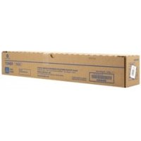 Konica Minolta cyan toner cartridge in a long brown box with product details printed in blue and black.