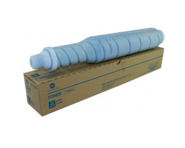 Cyan toner cartridge in a cylindrical shape, packaged in a brown cardboard box labeled "TONER" with a blue and white design, suitable for Konica Minolta Bizhub printers.