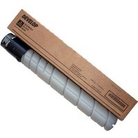 Black Konica Minolta toner cartridge with ribbed design, packaged in a brown rectangular box.