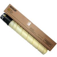 Yellow Konica Minolta toner cartridge with black cap, spiral design, next to brown rectangular box.