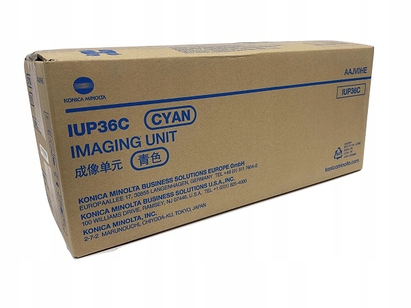 Cyan drum unit box labeled "IUP36C" with "Konica Minolta" branding, featuring blue text on a brown cardboard package, designed for KM Bizhub printers, capable of printing 55K pages.