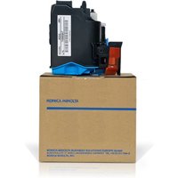 Konica Minolta cyan toner cartridge with black and blue casing on a brown box, labeled for Bizhub C 33.