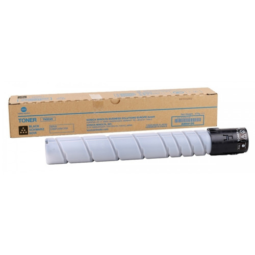 Black toner cartridge labeled TN328K, designed for Konica Minolta printers, with a white cylindrical body and a black end cap, alongside a brown cardboard box.