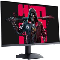 27" Koorui gaming monitor, slim bezel, black stand, displaying a vibrant graphic with a hooded character.