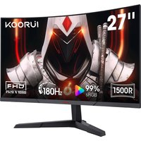 Curved black KOORUI 27-inch monitor with thin bezel, 1920x1080 resolution, 180Hz, and vibrant display graphics.