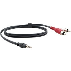 Black 0.9m audio cable featuring a 3.5mm connector on one end and two RCA connectors (red and white) on the other, designed for connecting audio devices.