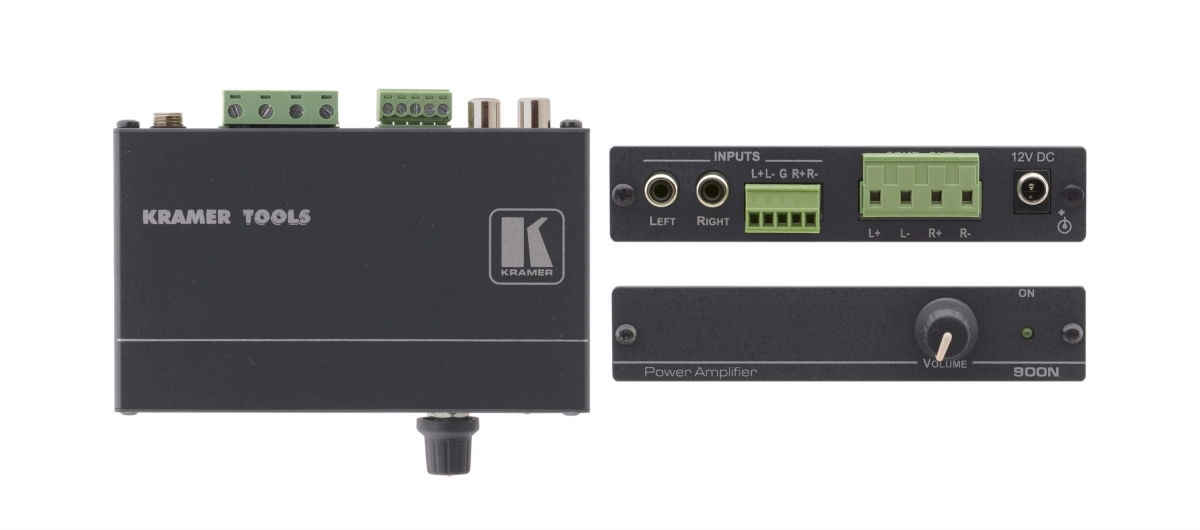Kramer 8.4W Stereo Audio Power Amplifier in a compact black metal casing, featuring input connections, a volume control knob, and a power switch.