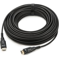 Black Kramer Electronics HDMI cable 10m, coiled with Type A connectors, labeled ends, secured with a velcro strap.