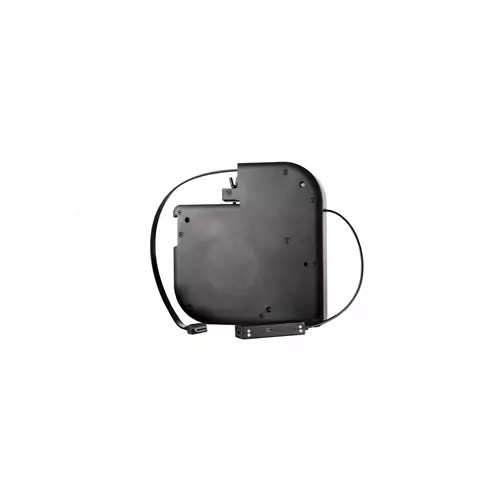 Black HDMI cable with a standard Type A connector, coiled and attached to a compact, rounded black housing for easy storage and organization.
