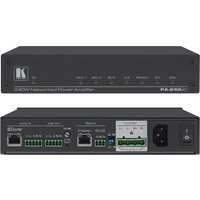 Black Kramer Electronics PA-240Net power amplifier with multiple input/output ports and control buttons on the front panel.
