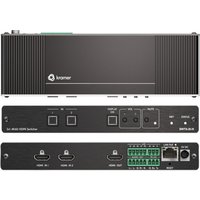 Black Kramer Electronics SWT3-21-H HDMI switcher with multiple HDMI ports, control buttons, and Ethernet connection.