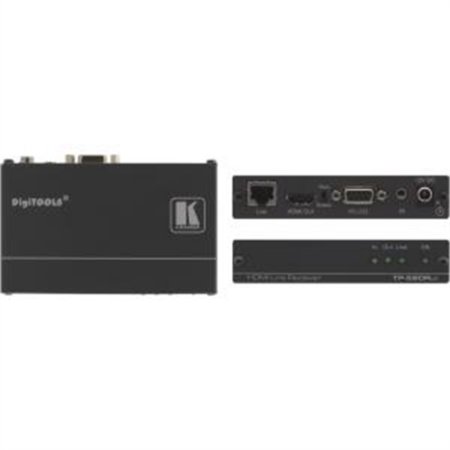 Black metal box featuring multiple ports, including HDMI, RS232, and audio connections, with a sleek design and labeled interface for easy connectivity.