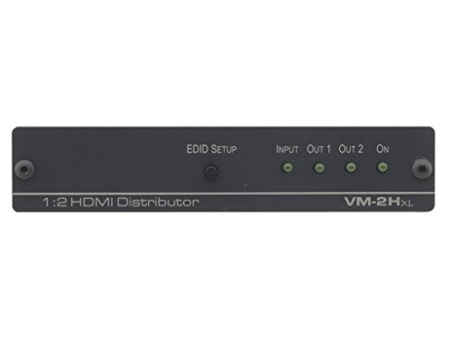Kramer 1:2 HDMI Distribution Amplifier in black metal, featuring three green LED indicators, labeled input and output ports, and an EDID setup button.
