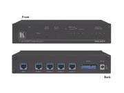 Black Kramer Electronics VM-4DT Video Line Amplifier featuring a front panel with controls and a back panel with four output ports and a power input.