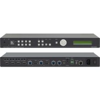 Black Kramer Electronics VS-44DT HDMI matrix switcher with front panel buttons, LCD screen, and rear HDMI ports.