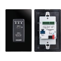 Black Kramer wall plate with HDMI, USB-C ports, and status indicator, alongside rear panel with wiring connectors.