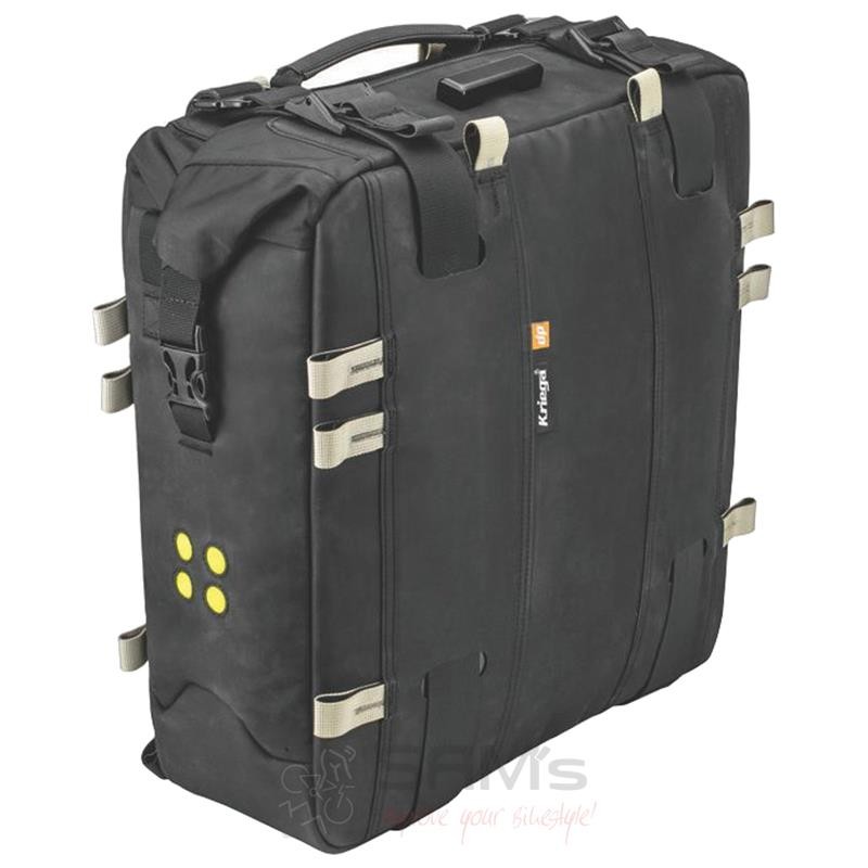 Kriega OS-22 waterproof saddle bags in black and grey with neon-yellow accents, featuring a durable material and adjustable straps, measuring 40 cm x 42 cm x 12 cm.