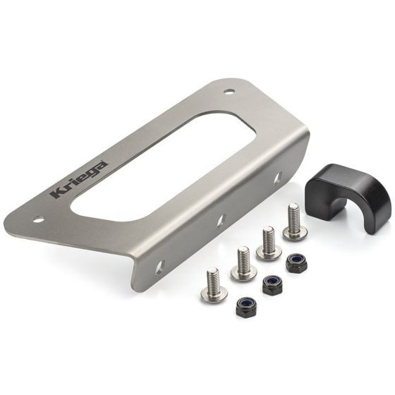 Silver metal OS-Platform Adapter for BMW GS by Kriega, featuring a cut-out design, accompanied by black plastic piece and four metal screws with washers.