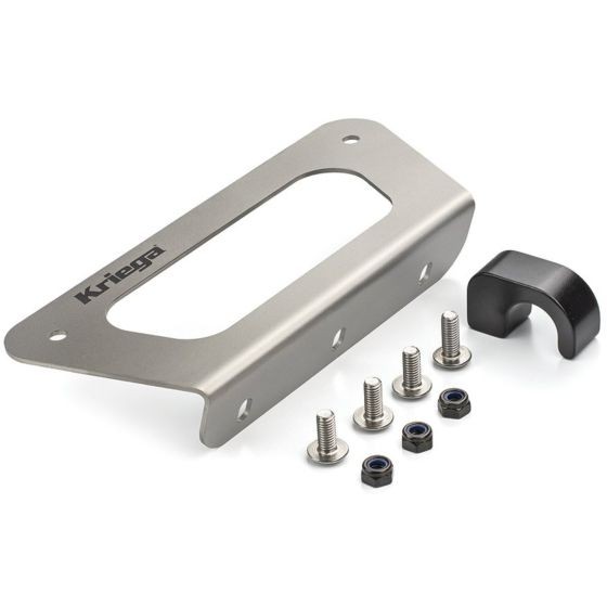 Silver aluminum OS-Platform adapter for Yamaha XT 700 Z Ténéré, featuring a cutout design, accompanied by black plastic piece and four silver screws for installation.