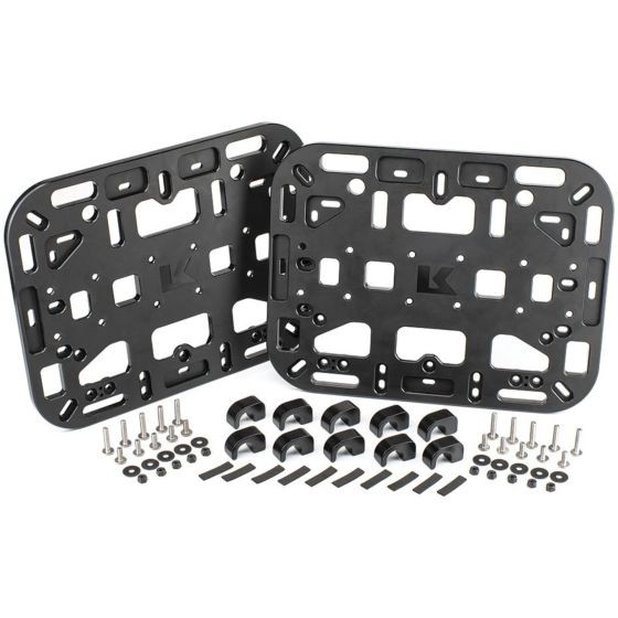 Black Kriega OS-Platform with a sturdy, lightweight design featuring multiple mounting holes and slots, accompanied by various screws and washers for installation.