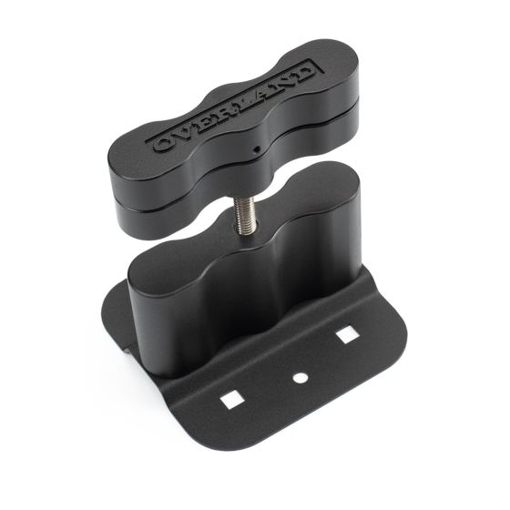 Kriega Overland Fuel Mounts in black, featuring a double handle design with a sturdy metal base and adjustable screw for secure attachment.