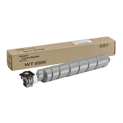 Gray cylindrical waste toner bottle with a black connector, packaged in a brown cardboard box labeled "Waste Toner Bottle WT-8500."