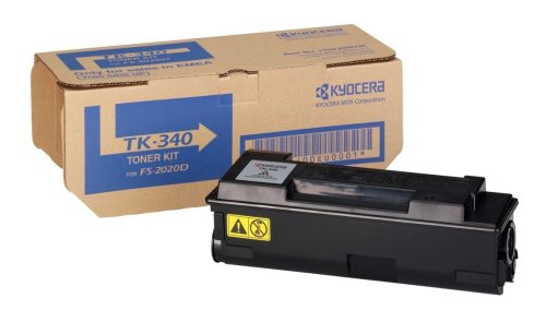 Black toner cartridge with a clear label, placed next to a brown cardboard box labeled "TK-340" for Kyocera FS-2020d printer, featuring safety warning symbols.