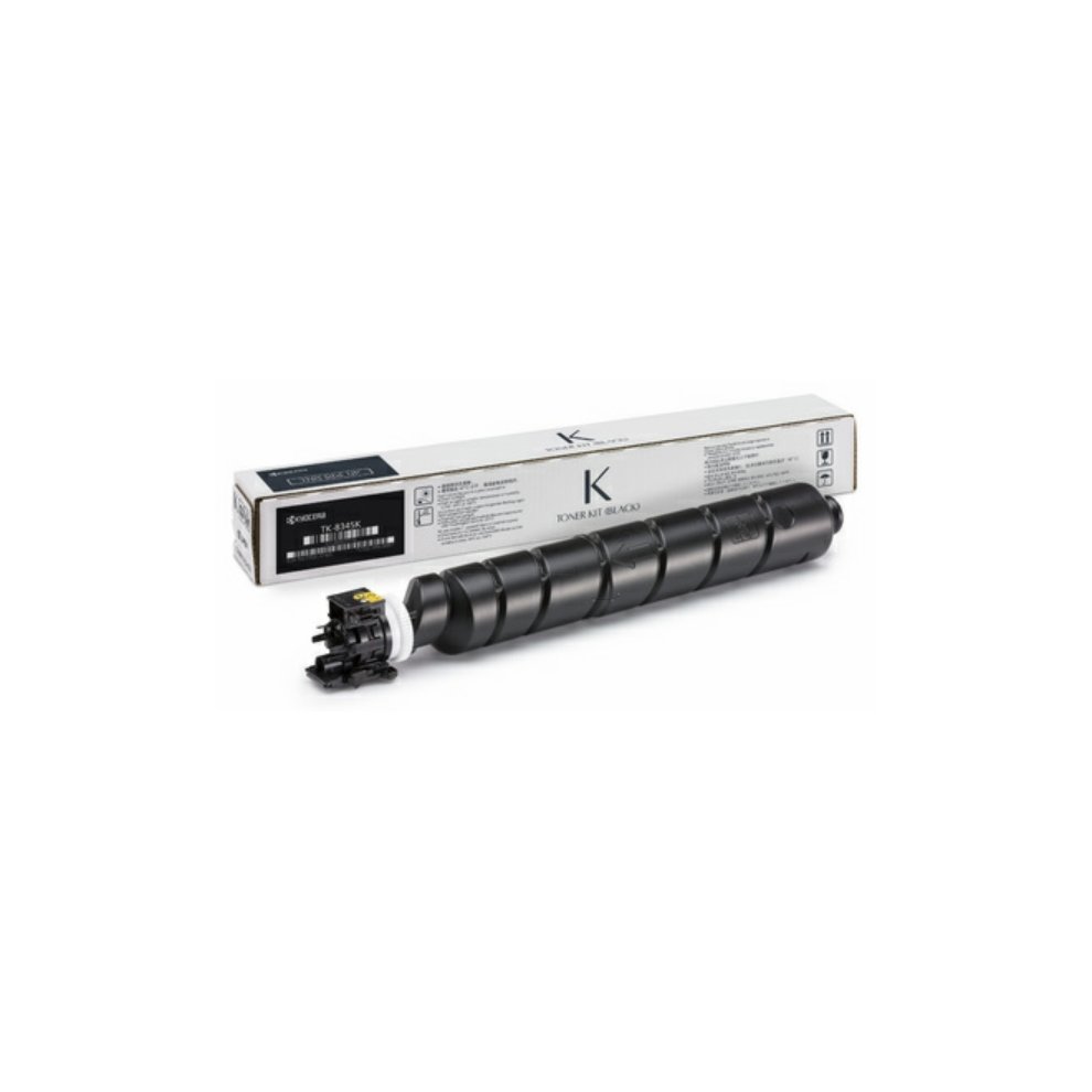 Black Kyocera toner kit in a long cylindrical shape, packaged in a white box with black and gray accents, labeled for KM TASKalfa printers, capable of printing 20,000 pages at 5% coverage.