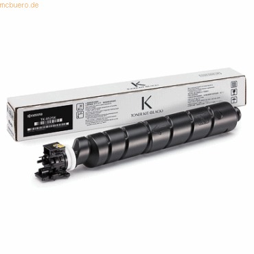 Black Kyocera toner kit, model TK-8525K, designed for 30,000 pages, featuring a cylindrical cartridge with a white end cap and packaged in a sleek, branded box.