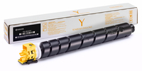 Yellow Kyocera toner kit with a cylindrical cartridge design, featuring a yellow end cap and a black body, packaged in a white box with product details and branding.