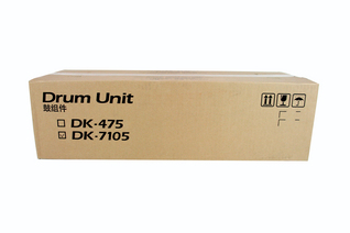 Brown cardboard box labeled "Drum Unit" with model numbers DK-475 and DK-7105, featuring handling icons and a clean, simple design.
