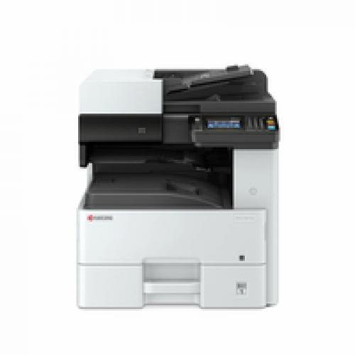 Multifunction laser printer in white and black, featuring a flatbed scanner on top, control panel with a color display, and a paper tray at the bottom.
