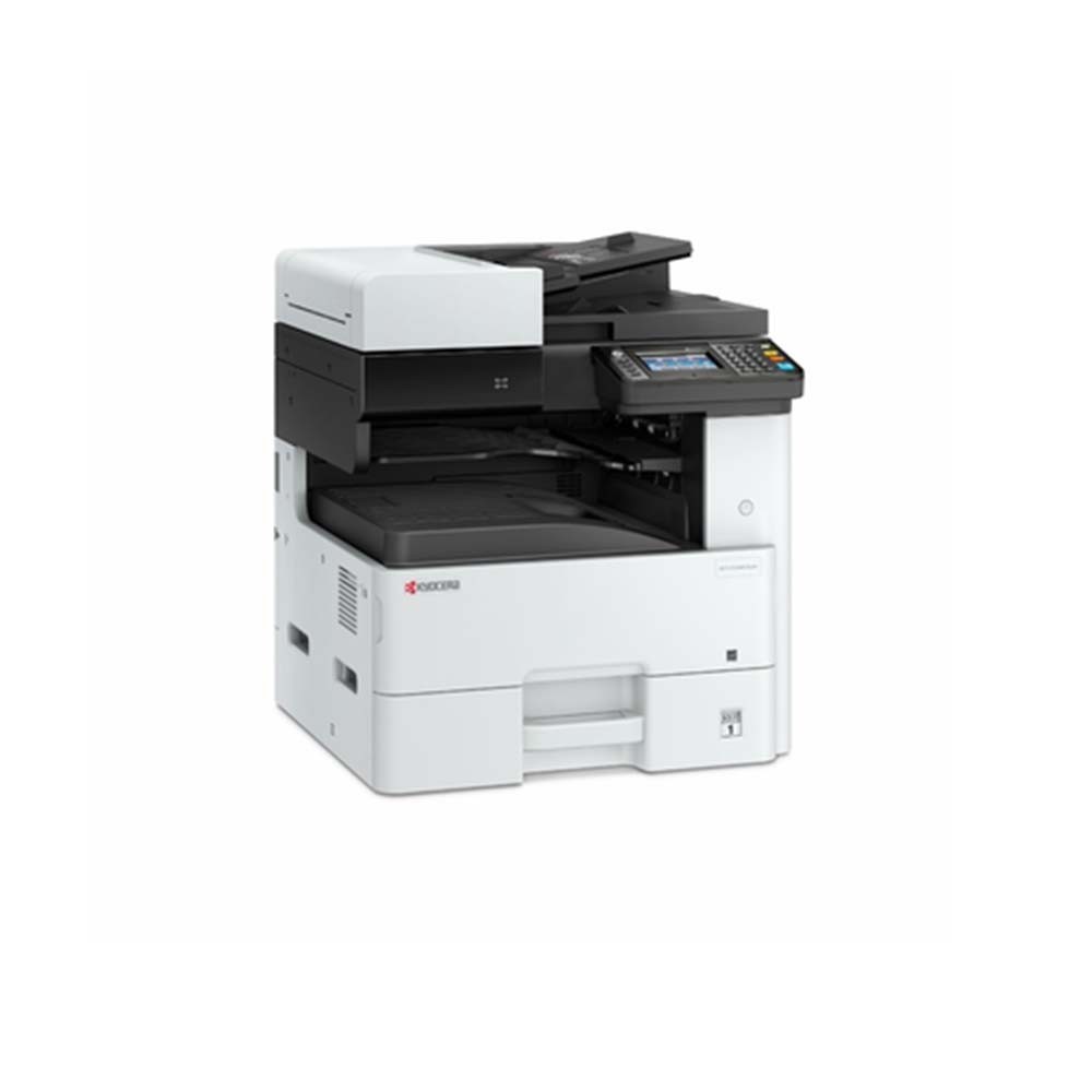 Kyocera ECOSYS M8124cidn laser printer in white and black, featuring a control panel with color buttons, a flatbed scanner on top, and a paper tray at the front.