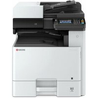 Kyocera ECOSYS M8130cidn laser printer, white with black top, touchscreen panel, and multiple paper trays.