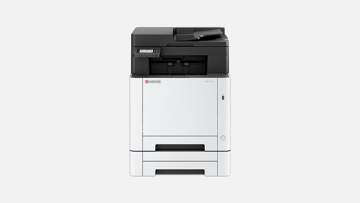 Kyocera ECOSYS MA2101cfx laser printer in black and white, featuring a compact design, control panel, and paper tray, with a print resolution of 1200 x 1200 DPI and 21 PPM speed.
