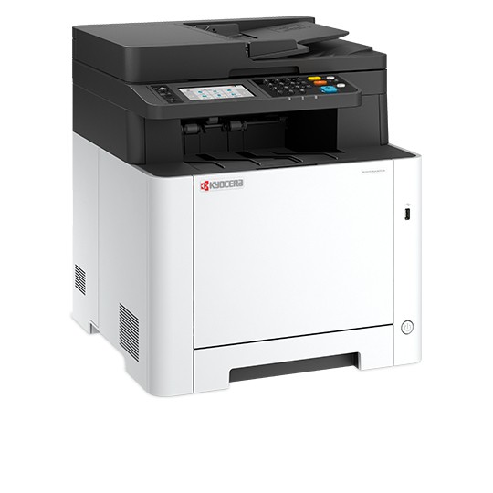 Kyocera ECOSYS MA2600cfx laser printer in black and white, featuring a control panel with buttons, a flatbed scanner on top, and a compact design suitable for A4 printing.