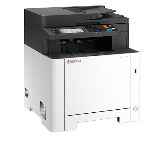 Kyocera ECOSYS MA2600cwfx laser printer in black and white, featuring a control panel with buttons and a display, compact design, and Wi-Fi capability for wireless printing.