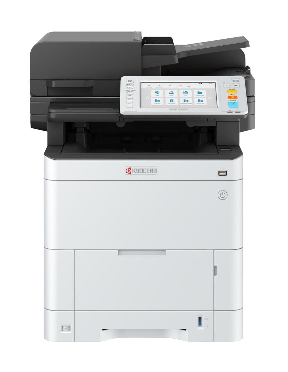 Kyocera ECOSYS MA3500cifx laser printer in white and black, featuring a control panel with a touchscreen, paper tray, and compact design, capable of 35 ppm printing at 1200 x 1200 DPI.