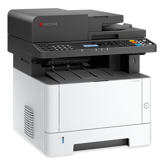 Black and white Kyocera ECOSYS MA3500fx laser printer with a flatbed scanner, control panel featuring buttons and a display, and multiple paper trays.