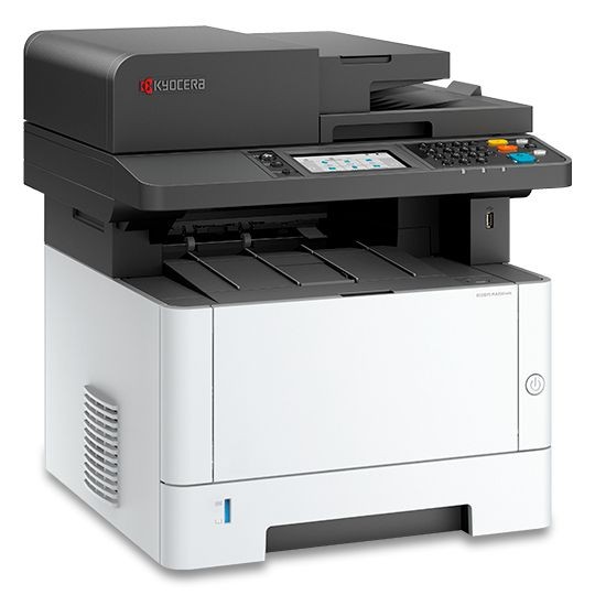 Black and white Kyocera ECOSYS MA3501wfx laser printer with a sleek design, featuring a control panel, paper trays, and Wi-Fi capability for efficient printing.