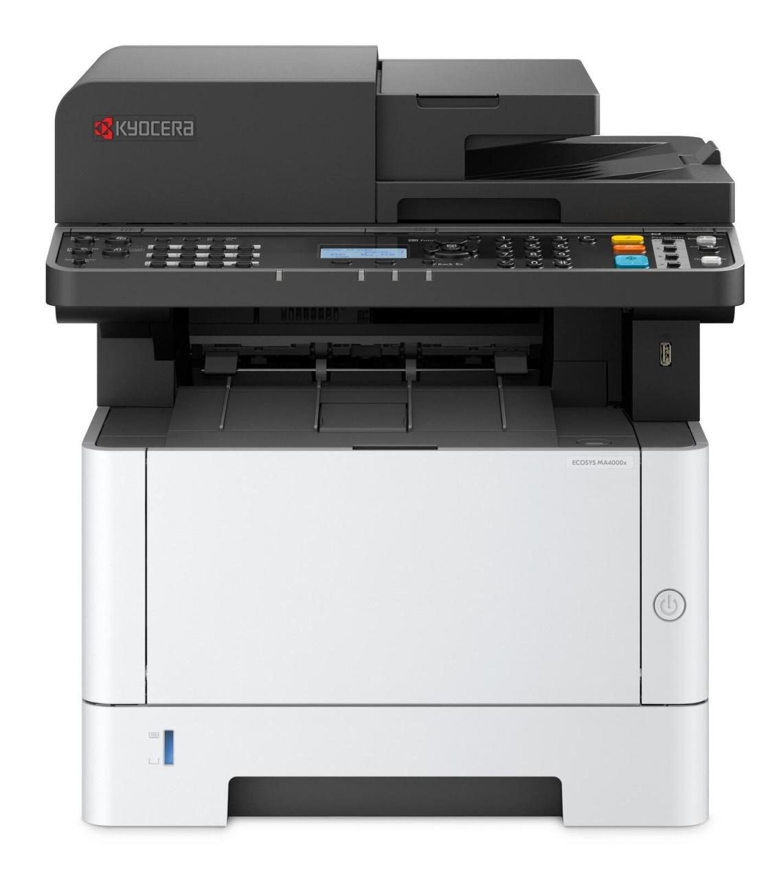 Kyocera ECOSYS MA4000x 3-in-1 mono laser printer in black and white, featuring a control panel with buttons, a paper tray, and a compact design for office use.