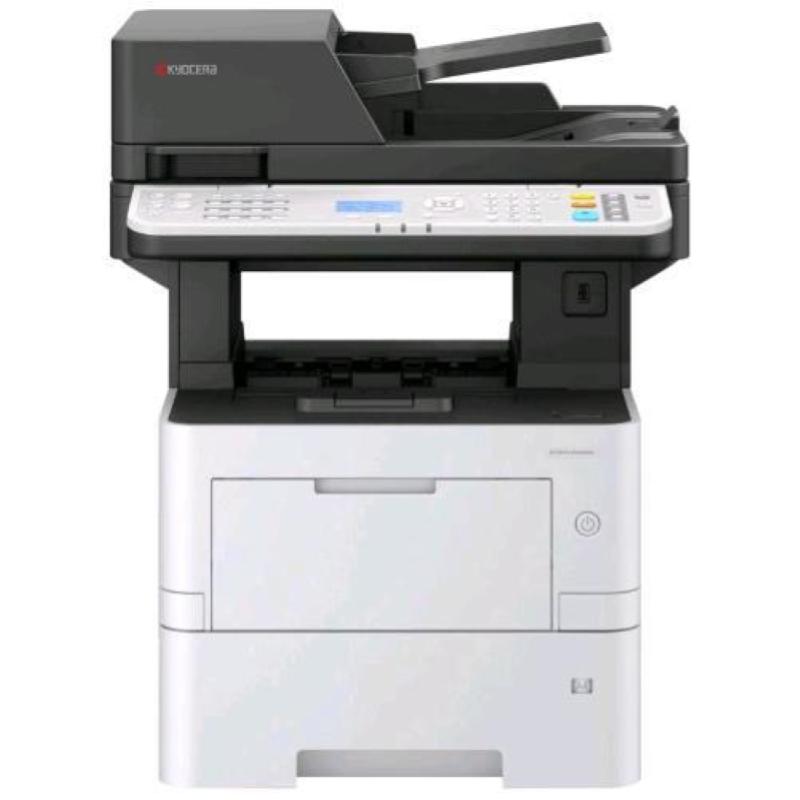 Black and gray multifunction laser printer with a control panel, paper tray, and output slot, featuring a compact design and a sleek finish.
