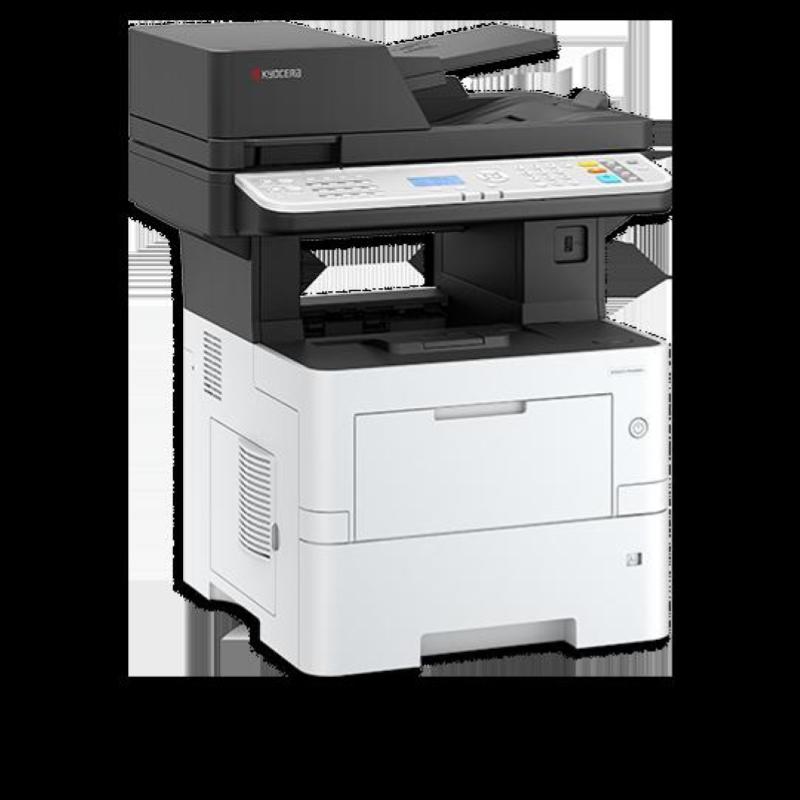 Black and white multifunction laser printer with a sleek design, featuring a control panel with buttons and a display, capable of printing up to 45 pages per minute at 1200 x 1200 DPI.
